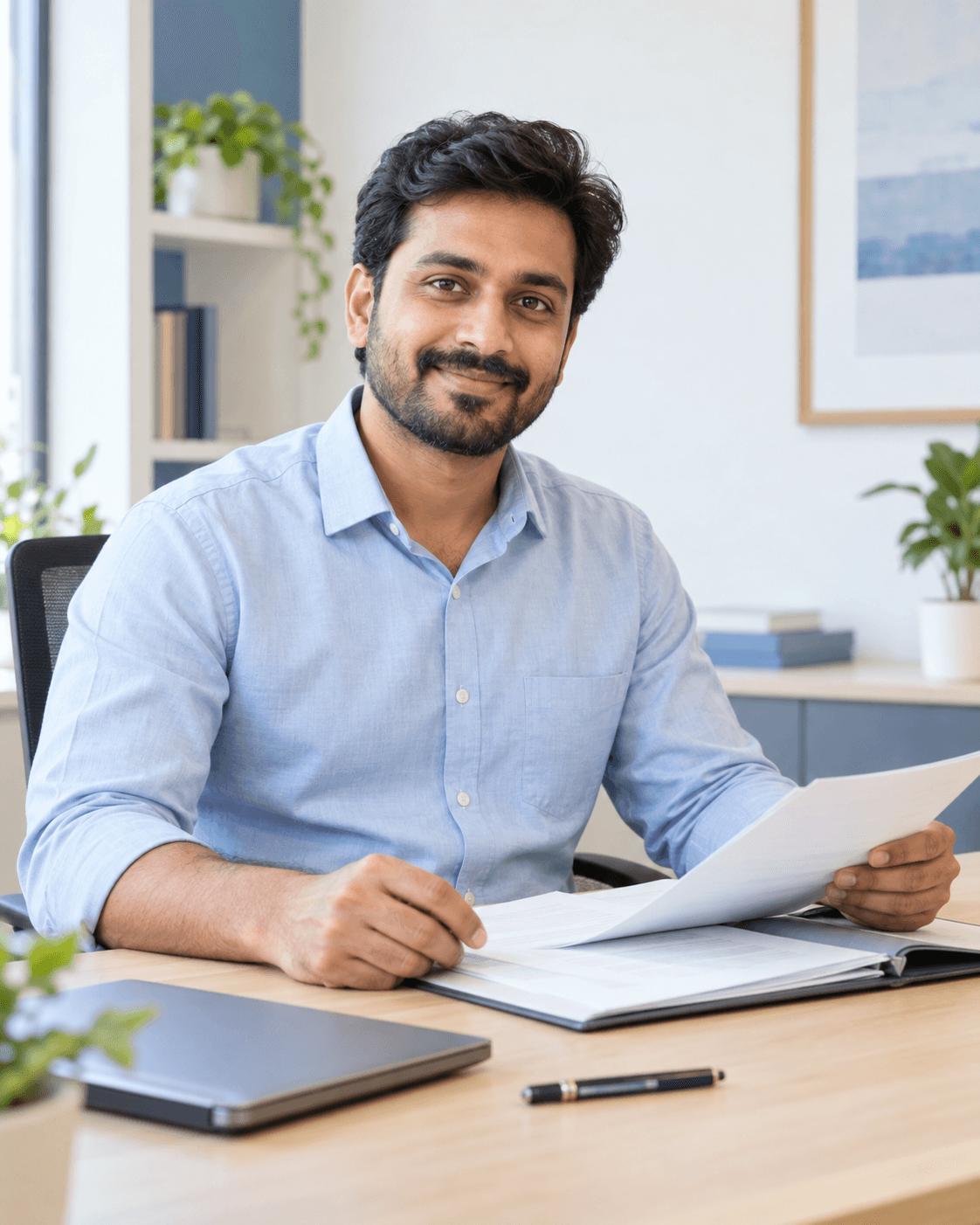 Support illustration of an advisor reviewing a policy document